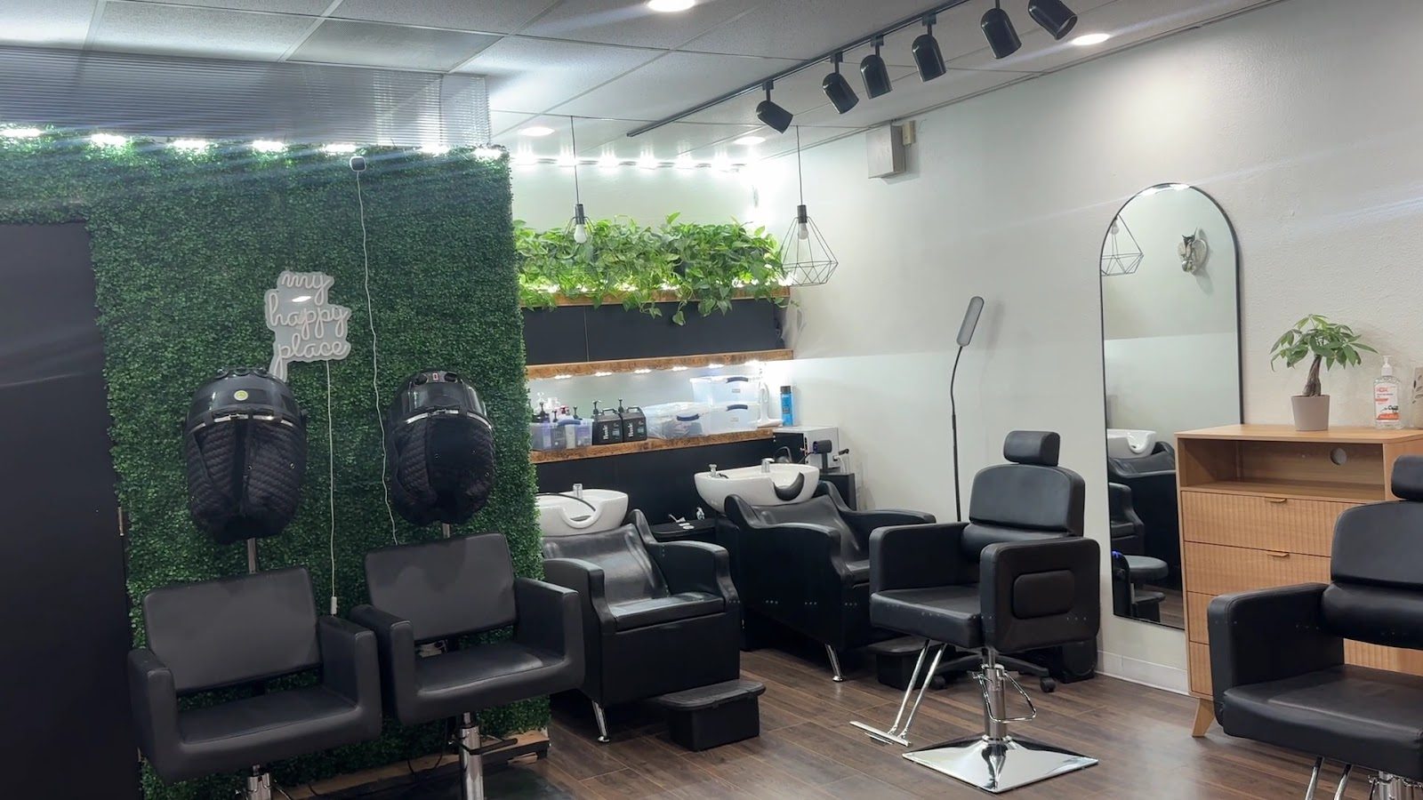 The living wall with the arched mirror and a styling station